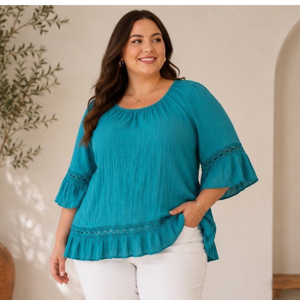 Zac & Rachel Woman Teal Crochet Lace Trim Ruffle Bell Sleeve Blouse Top 2X
